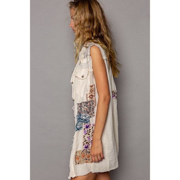 POL Cream Patchwork & Lace Gauze Button Front Vest Dress - Picture 4 of 12